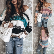 Fashion Long Sleeve V-neck Contrast Color Top