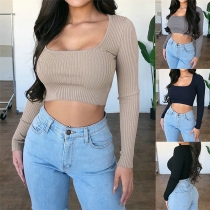 Sexy U-neck Long Sleeve Solid Color Crop Top