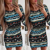 Fashion Long Sleeve Round Neck Colorful Printed Dress
