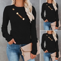 Fashion Solid Color Long Sleeve Round Neck Hollow Out T-shirt