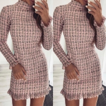 Fashion Long Sleeve Mock Neck Tassel Hem Slim Fit Plaid Dress