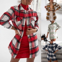 Fashion Long Sleeve POLO Collar Single-breasted Long-style Plaid Shirt