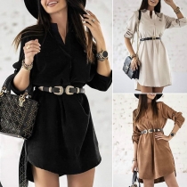 Fashion Solid Color Long Sleeve Stand Collar Shirt Dress