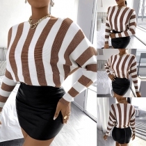 Fashion Long Sleeve Round Neck Striped Knit Top