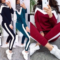 Fashion Leopard Spliced Contrast Color Sweatshirt + Pants Two-piece Set