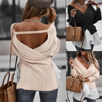 Sexy Backless V-neck Irregular Hem Spliced Lantern Sleeve Top