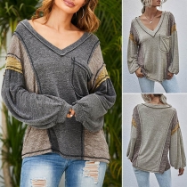 Casual Style Long Sleeve Round Neck Contrast Color Loose T-shirt