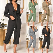 Sexy Deep V-neck Long Sleeve High Waist Solid Color Jumpsuit