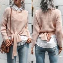 Fashion Solid Color Long Sleeve Round Neck Lace-up Hem KKnit Top
