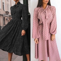 Sweet Style Lantern Sleeve Lace-up Bow-knot Collar Dots Printed Dress