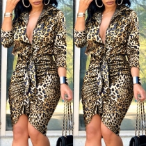 Sexy Deep V-neck Long Sleeve Leopard Printed Wrinkled Dress