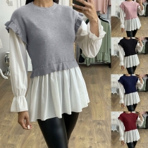 Fashion Contrast Color Long Sleeve Round Neck Mock Two-piece Top