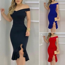 Sexy Off-shoulder Boat Neck SLit Ruffle Hem Solid Color Party Dress