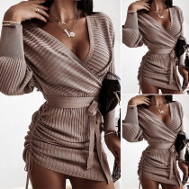 Sexy V-neck Long Sleeve Side-drawstring Solid Color Dress