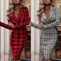 Fashion Long Sleeve Round Neck Slim Fit Plaid Dress