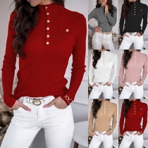 Simple Style Long Sleeve Mock Neck Solid Color Top