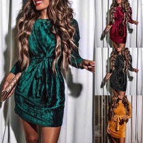 Elegant Solid Color Long Sleeve Round Neck High Waist Dress