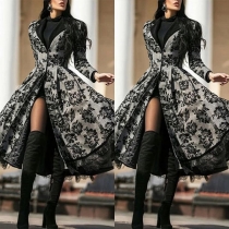 Sexy Lace Spliced Long Sleeve Notched Lapel Long-style Thin Cardigan