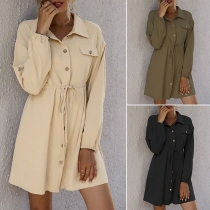 OL Style Long Sleeve POLO Collar Solid Color Shirt Dress