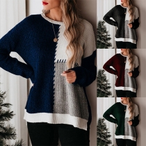 Fashion Contrast Color Long Sleeve Round Neck Loose Knit Top