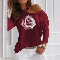 Sexy Off-shoulder Long Sleeve Rose Printed T-shirt
