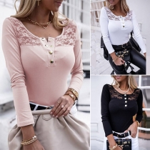 Sexy Lace Spliced Long Sleeve Round Neck T-shirt