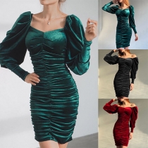 Sexy Square Collar Puff Sleeve Solid Color Slim Fit Dress