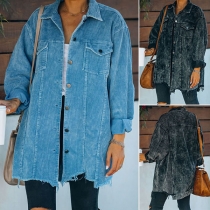 Retro Style Long Sleeve POLO Collar Frayed Hem Coat