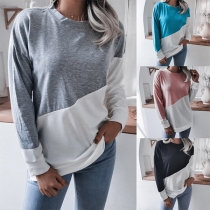 Fashion Contrast Color Long Sleeve Round Neck Loose T-shirt
