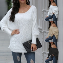 Sexy Oblique Shoulder Dolman Sleeve Solid Color Knit Top