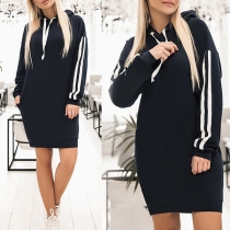 Fashion Striped Spliced Long Sleeve Hooded Sweatshirt Dress