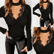 Sexy Lace Spliced V-neck Long Sleeve Solid Color Slim Fit Top