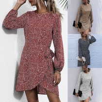 Fashion Long Sleeve Round Neck Irregular Hem Leopard Printed Dress