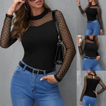 Sexy See-through Gauze Spliced Long Sleeve Round Neck Top
