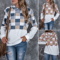 Fashion Long Sleeve Hooded Plaid Spliced Plush Sweatshirt