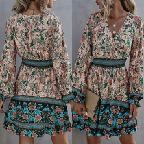 Bohemian Style Long Sleeve V-neck High Waist Printed Dress
