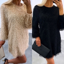 Sexy Off-shoulder Boat Neck Long Sleeve Solid Color Plush Dress