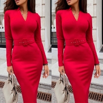Elegant Solid Color Long Sleeve V-neck Solid Color Slim Fit Dress