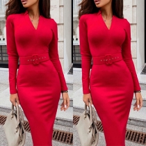 Elegant Solid Color Long Sleeve V-neck Solid Color Slim Fit Dress