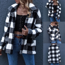 Fashion Long Sleeve POLO Collar Plaid Cardigan