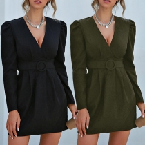 Elegant Solid Color Long Sleeve V-neck High Waist Dress