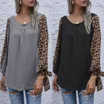Fashion Leopard Spliced Long Sleeve Round Neck Loose T-shirt