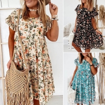 Fresh Style Short Sleeve Round Neck Loose Printed Dress