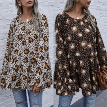 Fashion Trumpet Sleeve Round Neck Leopard Printed Loose Top