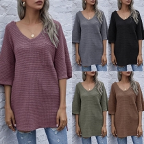 Simple Style Short Sleeve V-neck Solid Color Loose Knit Top
