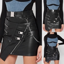 Fashion High Waist Irregular Hem Slim Fit PU Leather Skirt