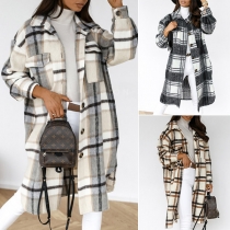 Fashion Long Sleeve POLO Collar Loose Plaid Woolen Coat