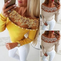 Sexy Lace Spliced Boat Neck Long Sleeve Solid Color Bodysuit
