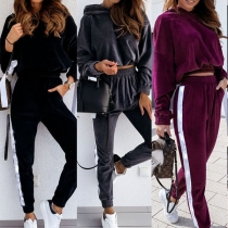 Fashion Contrast Color Long Sleeve Hooded Sweatshirt + Pants Two-piece Set
