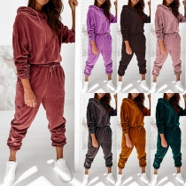 Fashion Contrast Color Long Sleeve Hooded Sweatshirt + Pants Two-piece Set